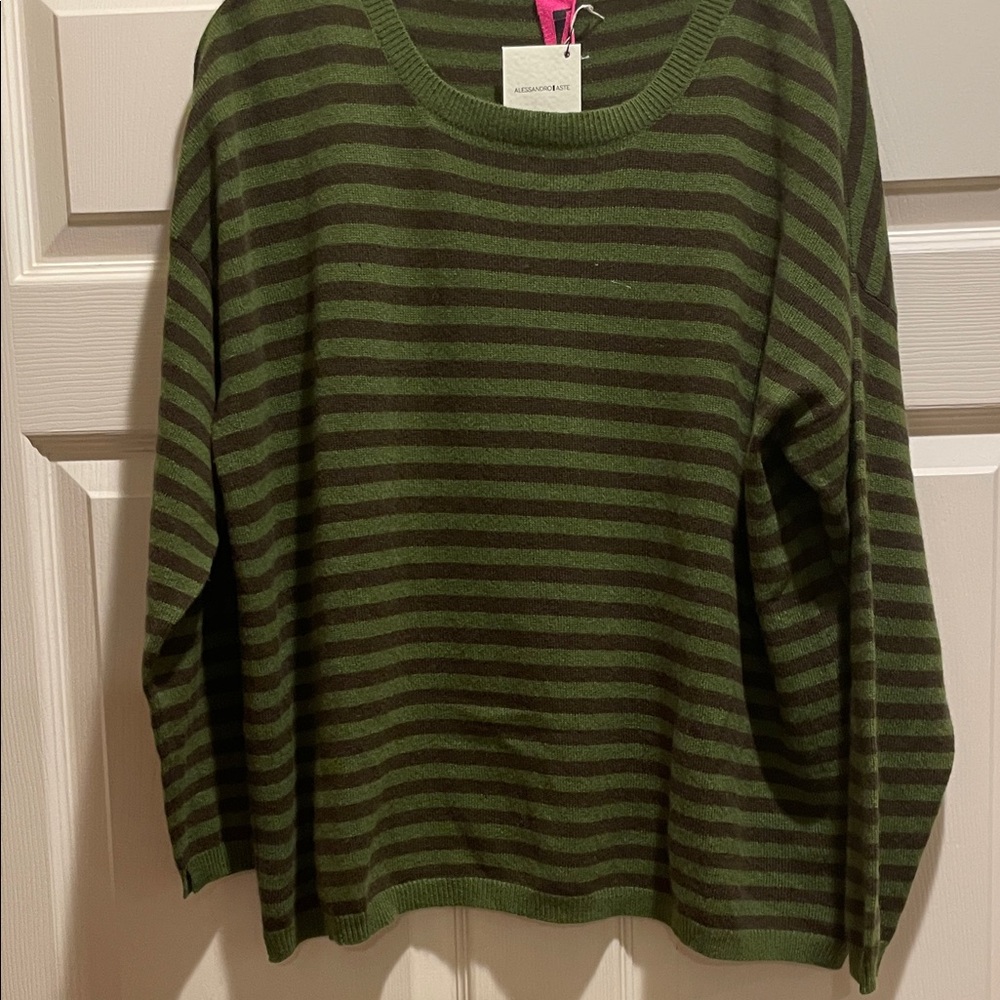 Alessandro Aste Olive and Brown Striped Knit sweater.  Medium.